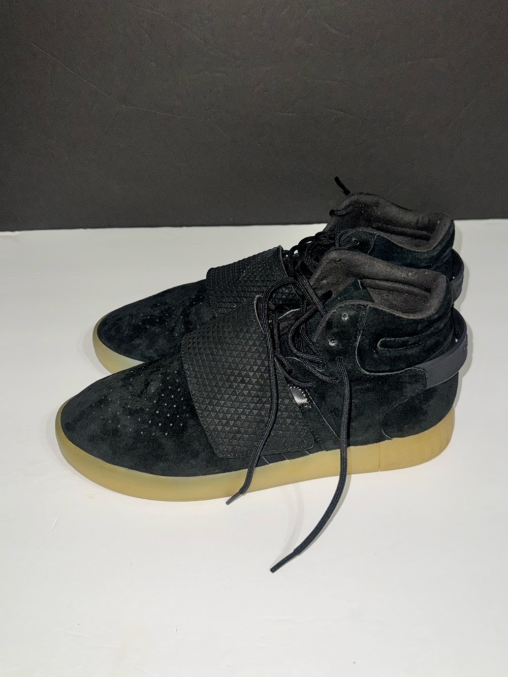 Adidas Tubular I Men’s I Invader Strap I Blk-Suede High-Top Sneakers w/ Gum Sole